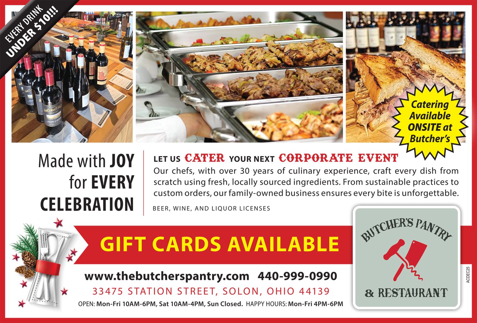 Advertisement for The Butcher's Pantry & Restaurant offering catering and gift cards; shows food, wine, and festive decorations.
