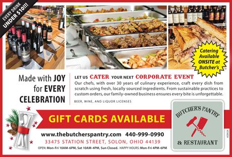 Advertisement for The Butcher's Pantry & Restaurant offering catering and gift cards; shows food, wine, and festive decorations.