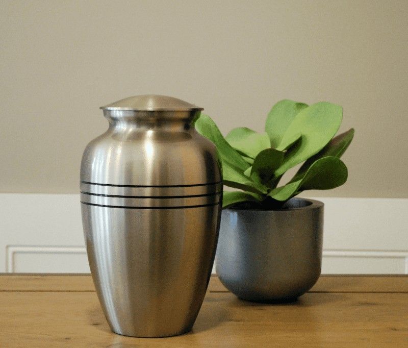 A silver urn sits on a wooden table next to a potted plant