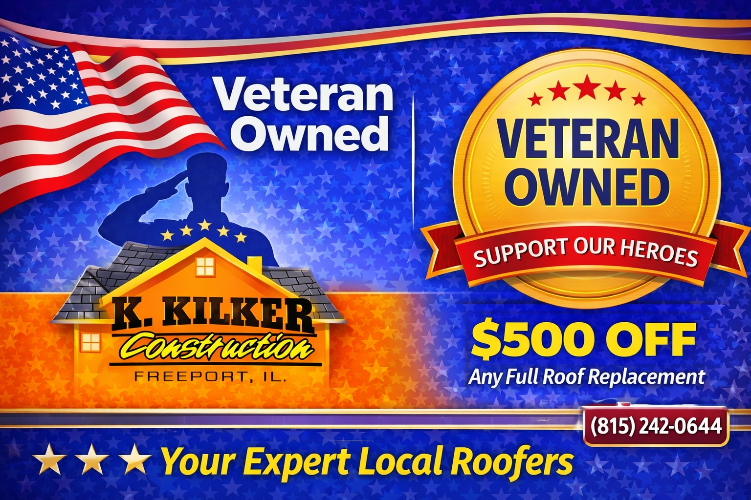 Advertisement for K. Kilker Construction, a veteran-owned roofing company. Offers $500 off roof replacement.