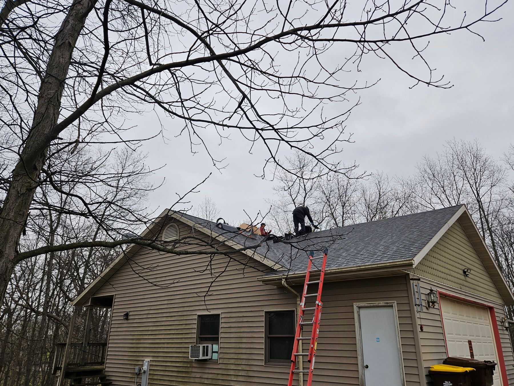 Person on a roof replacing shingles, leaning ladder. Gray and tan house with bare trees in the background. Cloudy sky.