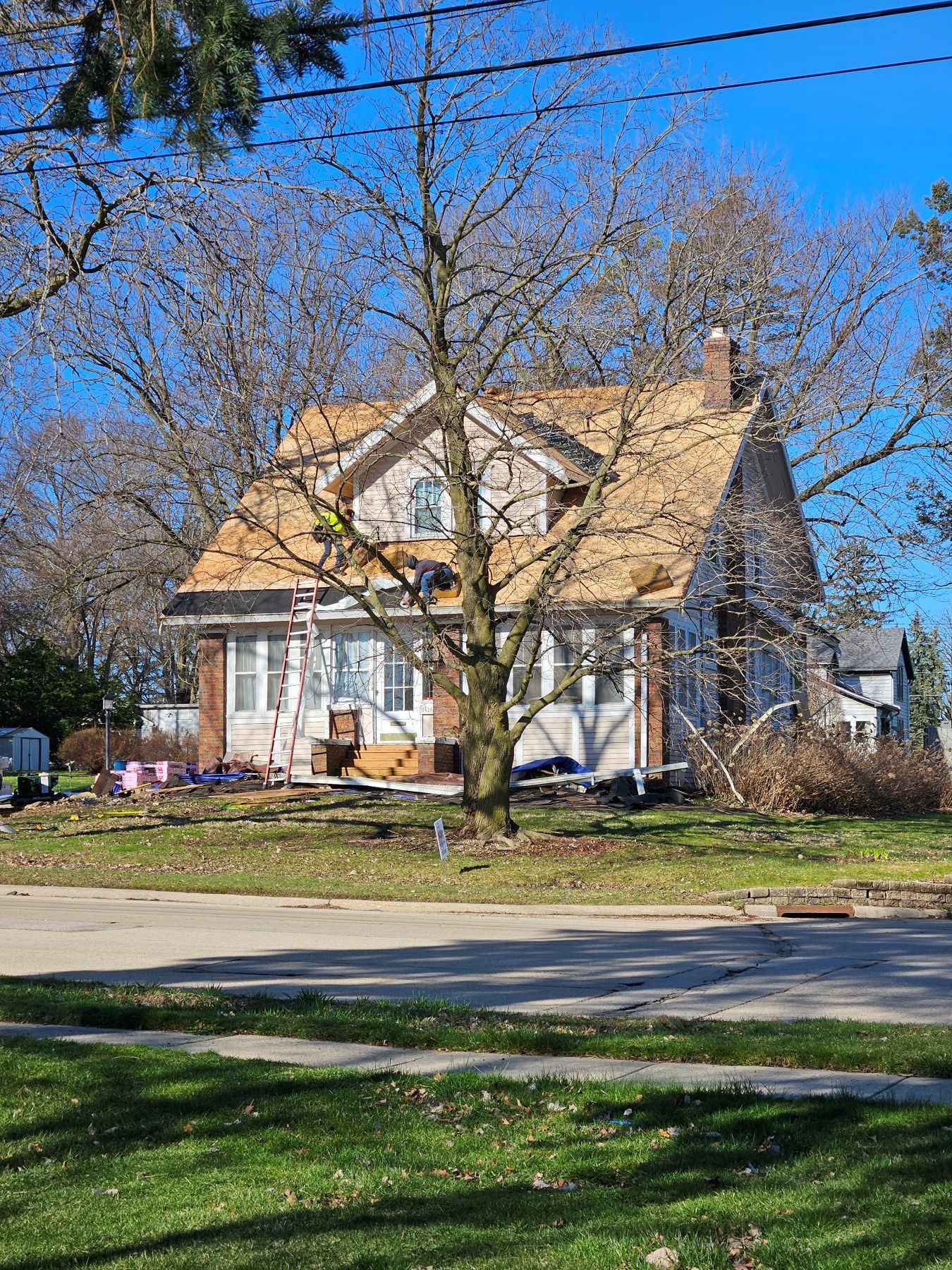 House under roof construction with bare roof; ladder, tree in front, sunny day.
