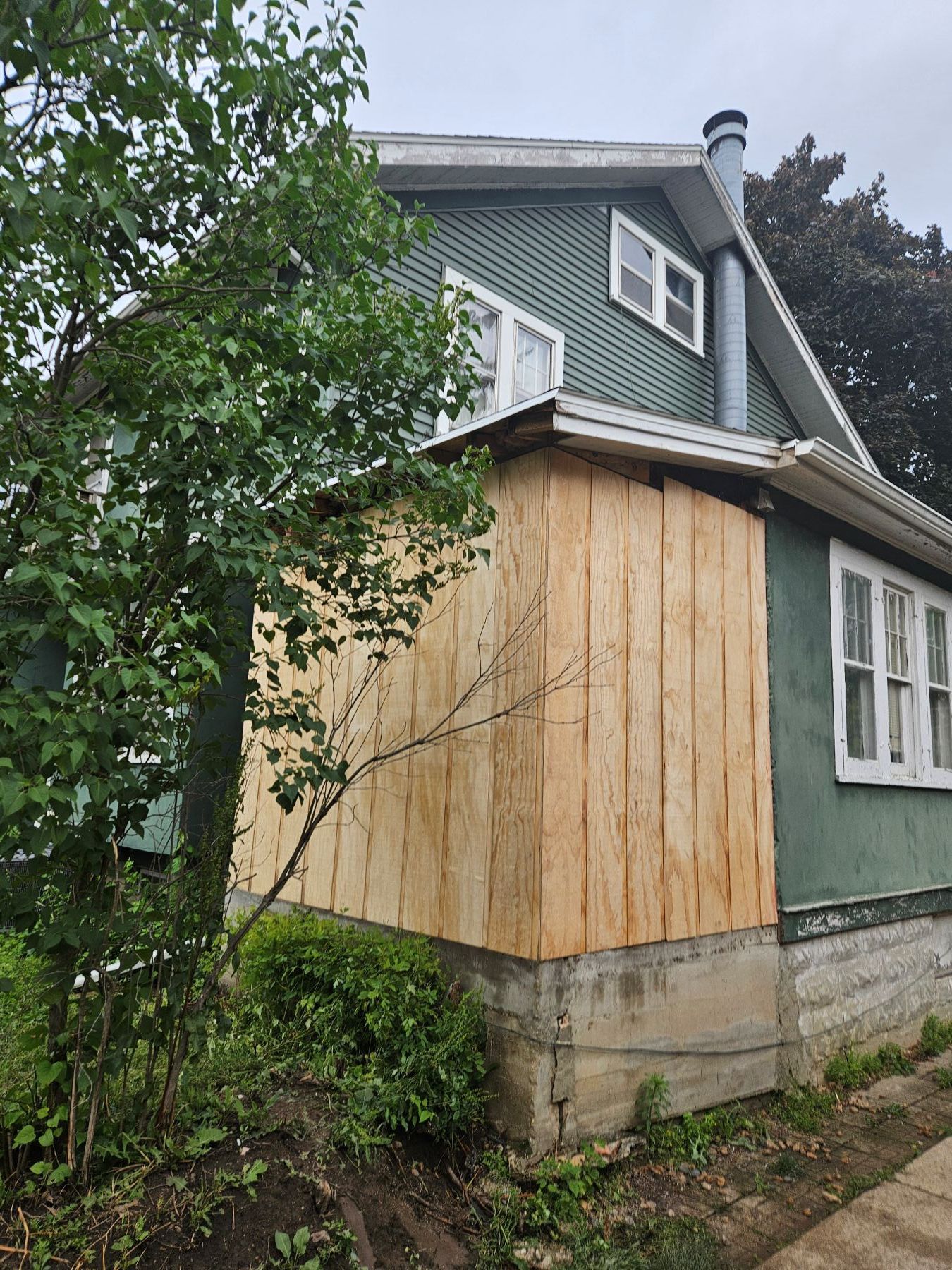 Side of a house with light wood paneling, green siding, and white trim. A tree is to the left.