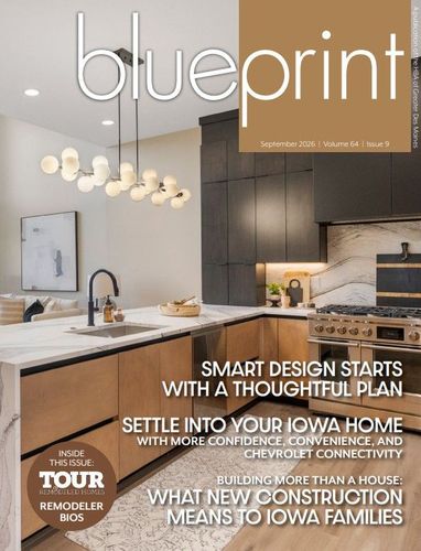 Modern kitchen with dark cabinets and marble island, overlaid with “blueprint” and home design text