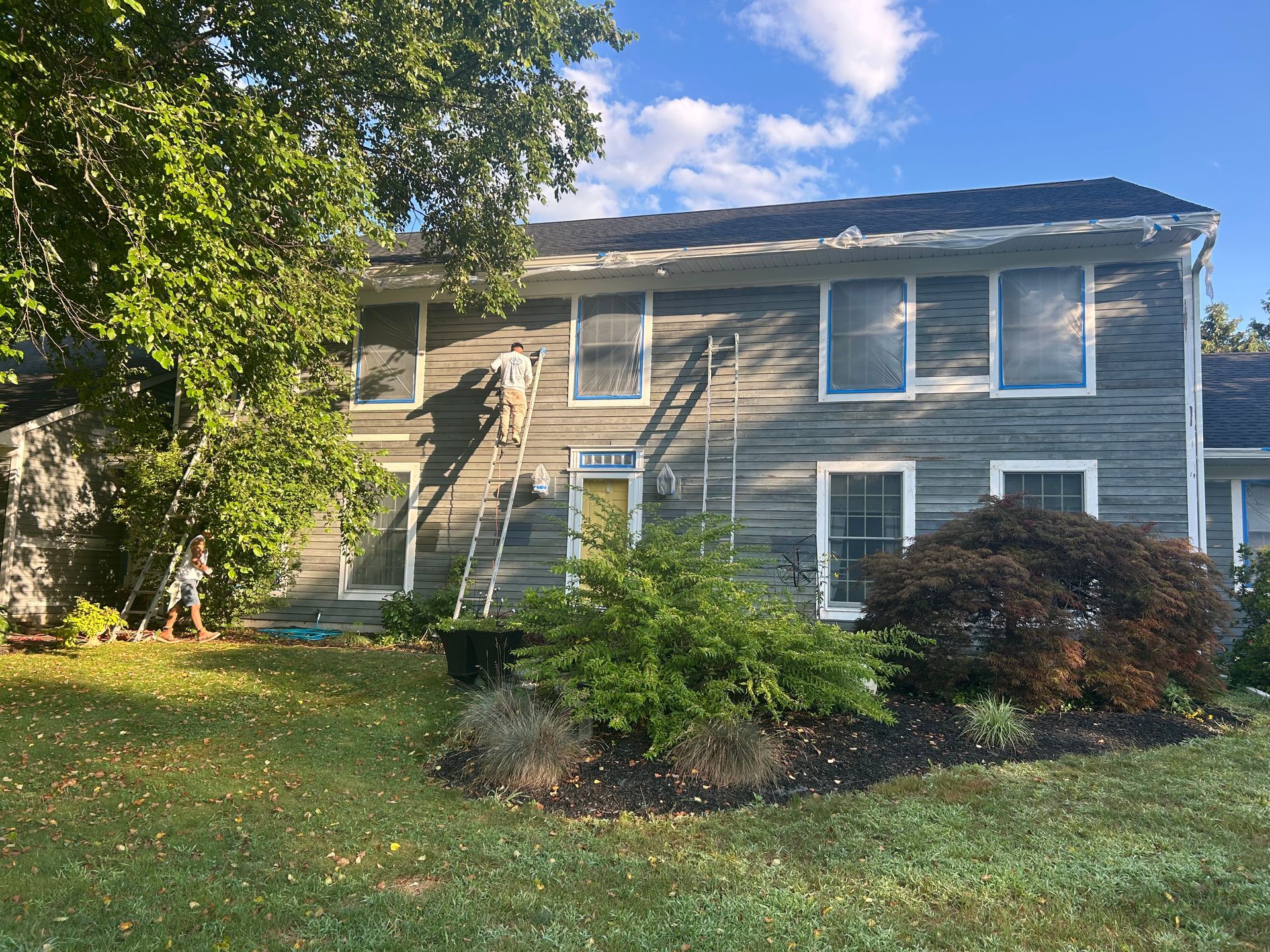 House being painted; painter on ladder. Exterior of a two-story home, blue siding, blue trim on windows. Green grass, trees.