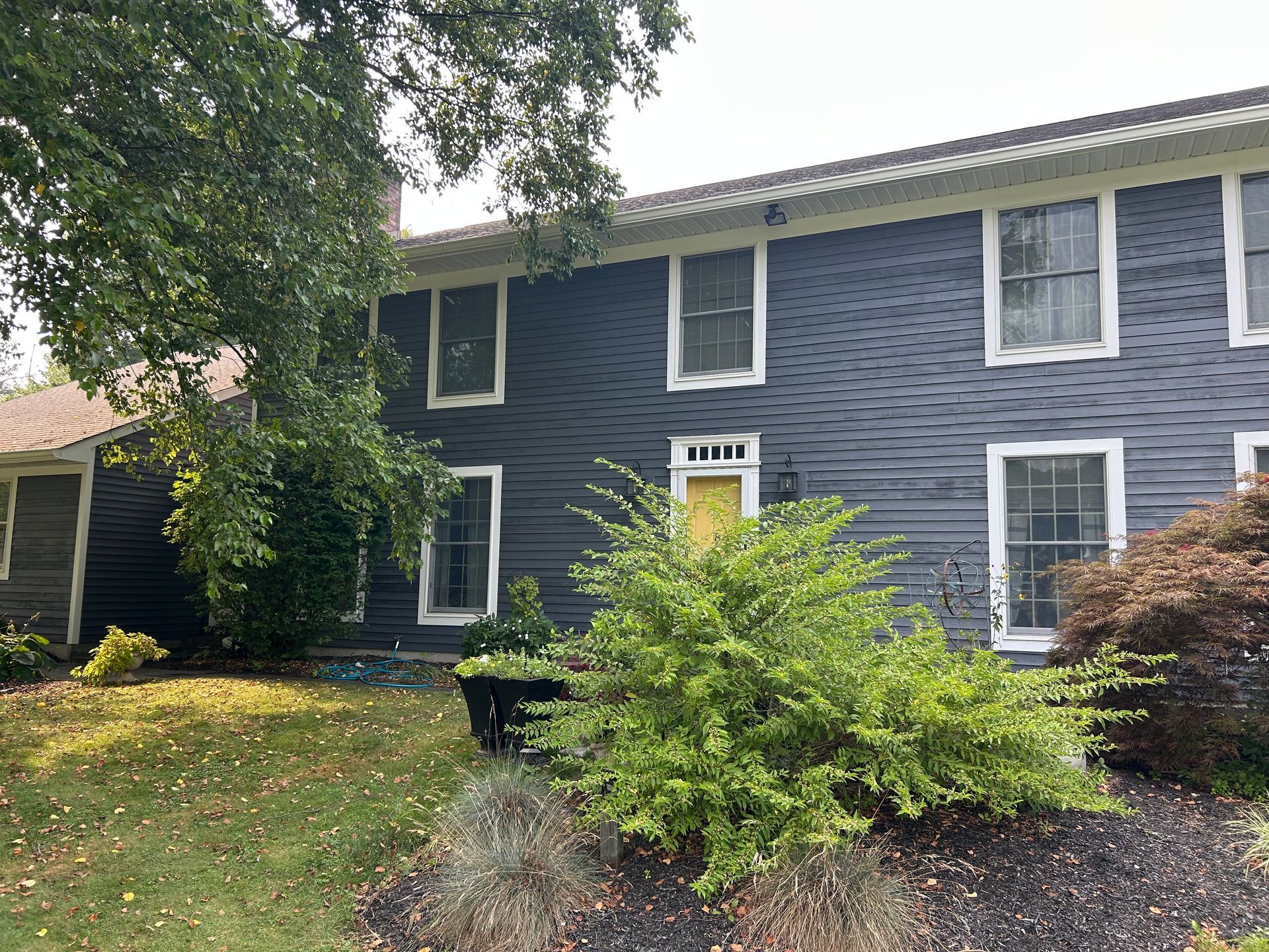 Dark blue house with white trim and a yellow door; green bushes in front.