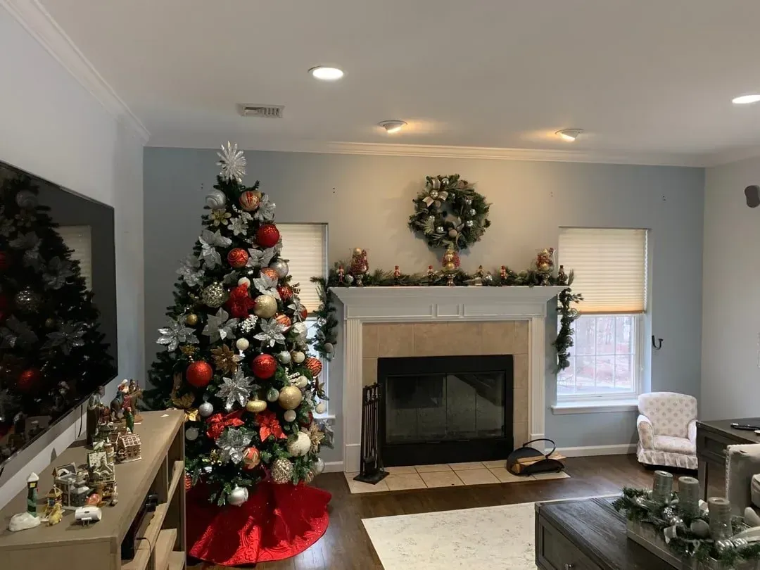 Christmas-decorated living room with tree, fireplace, mantel decorations, and a red tree skirt.