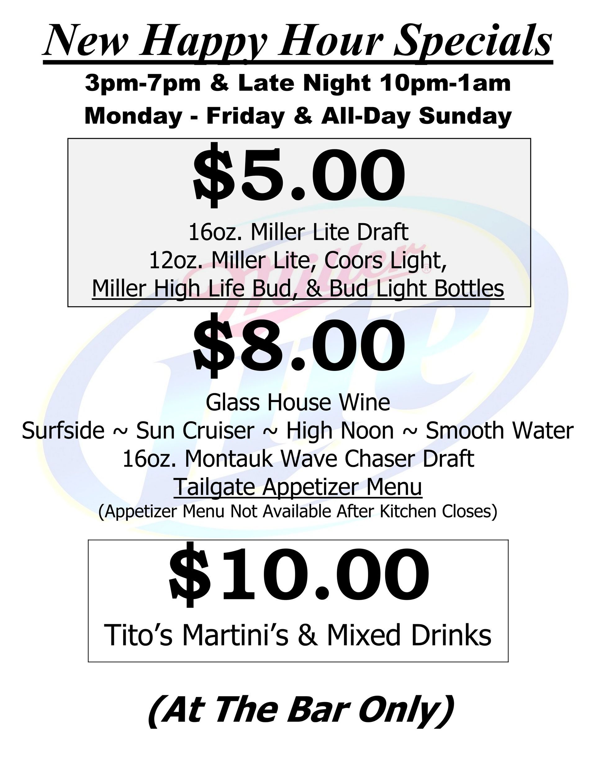 A poster for new happy hour specials at tito 's martin 's and mixed drinks.