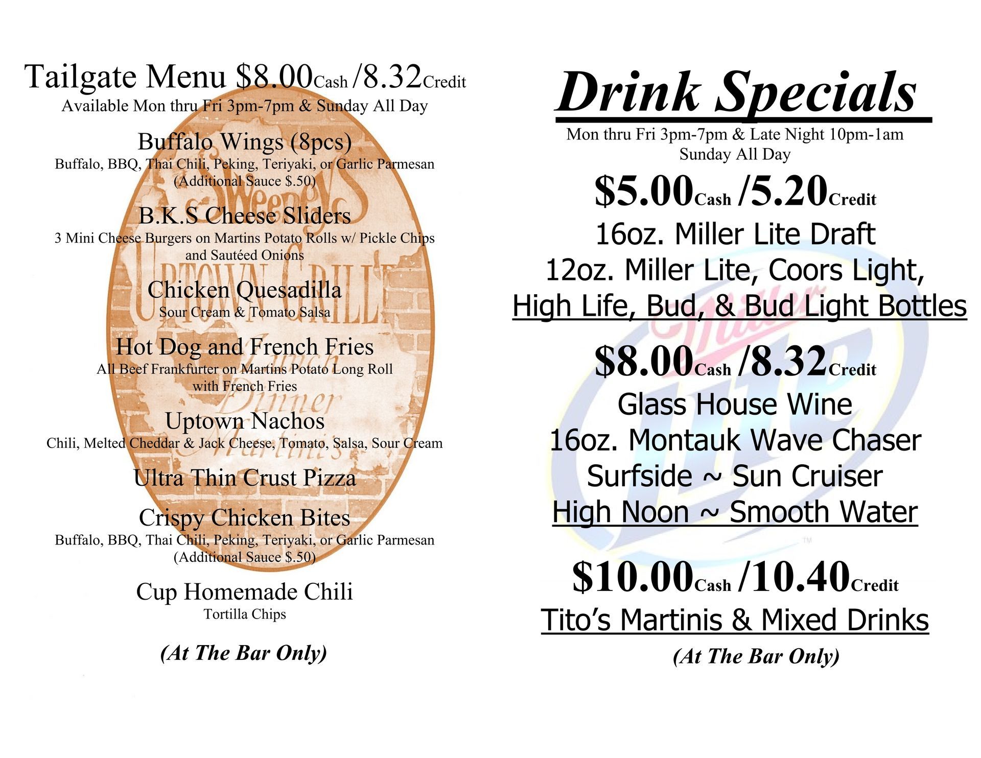 A menu for a restaurant shows the tailgate menu and drink specials