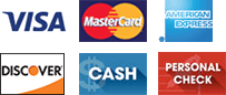 Visa, MasterCard, American Express, Discover, Cash, Personal check