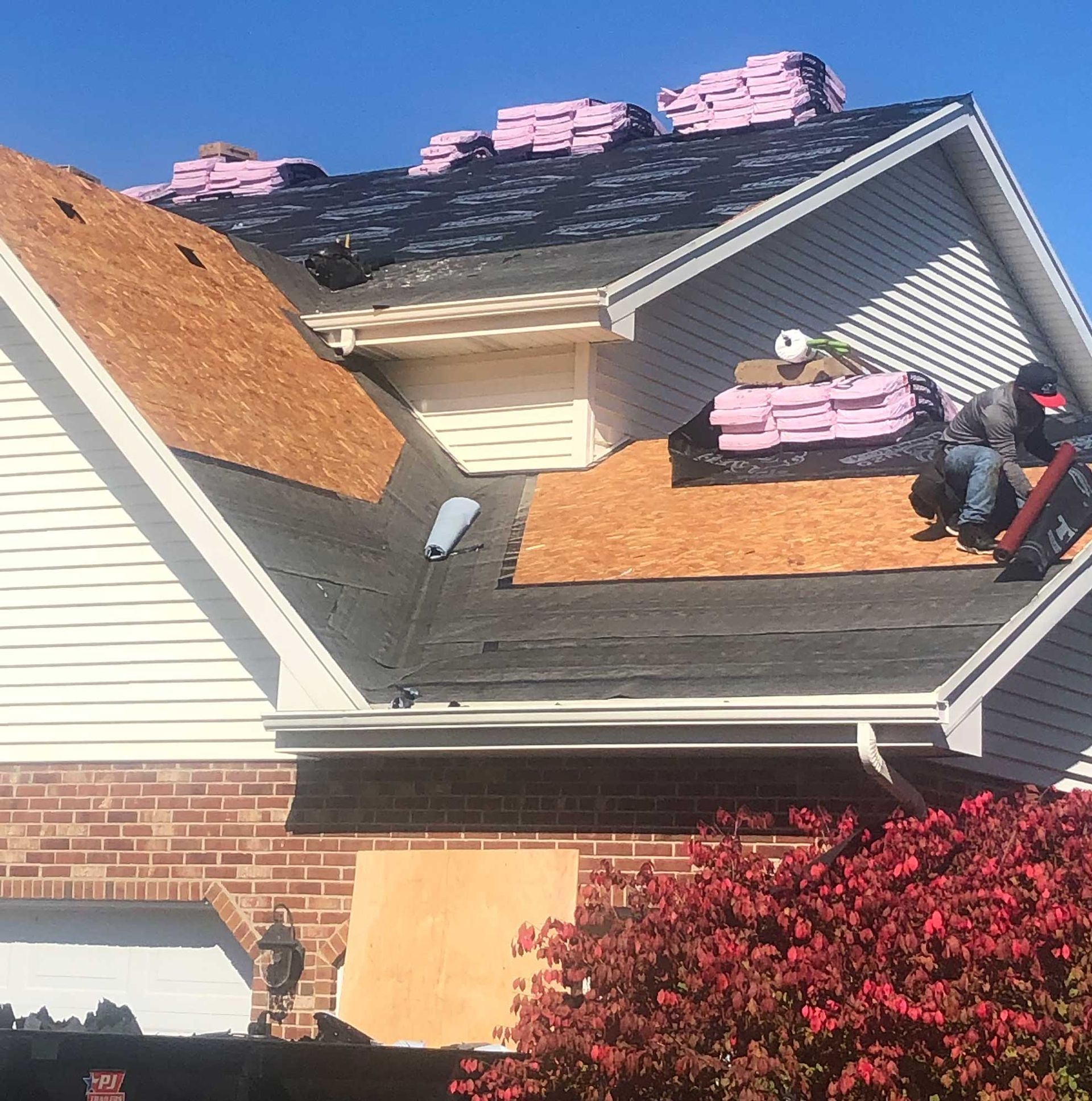 Roofers replacing shingles on a house with exposed plywood, bundles of shingles, and a red bush in the foreground.