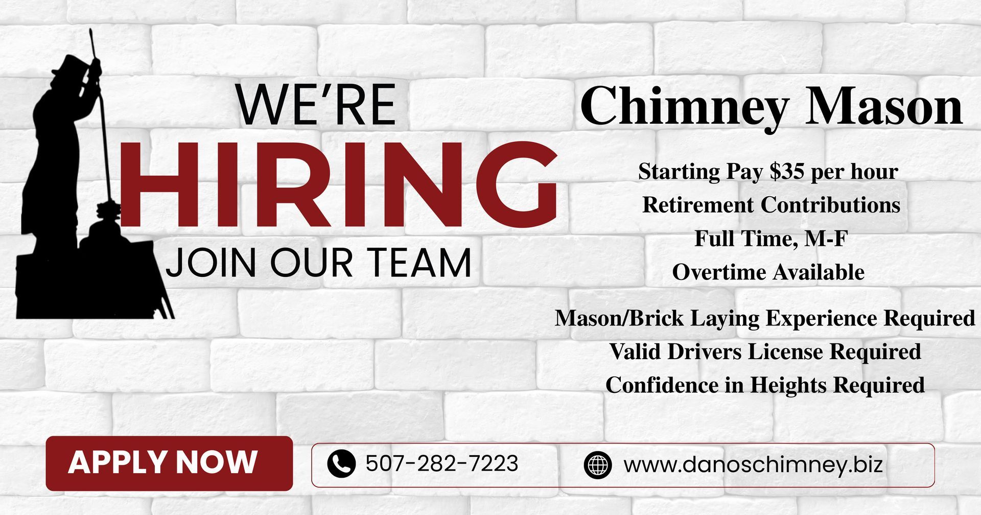 We're Hiring advertisement for a Chimney Mason, featuring contact information, requirements, and job benefits.