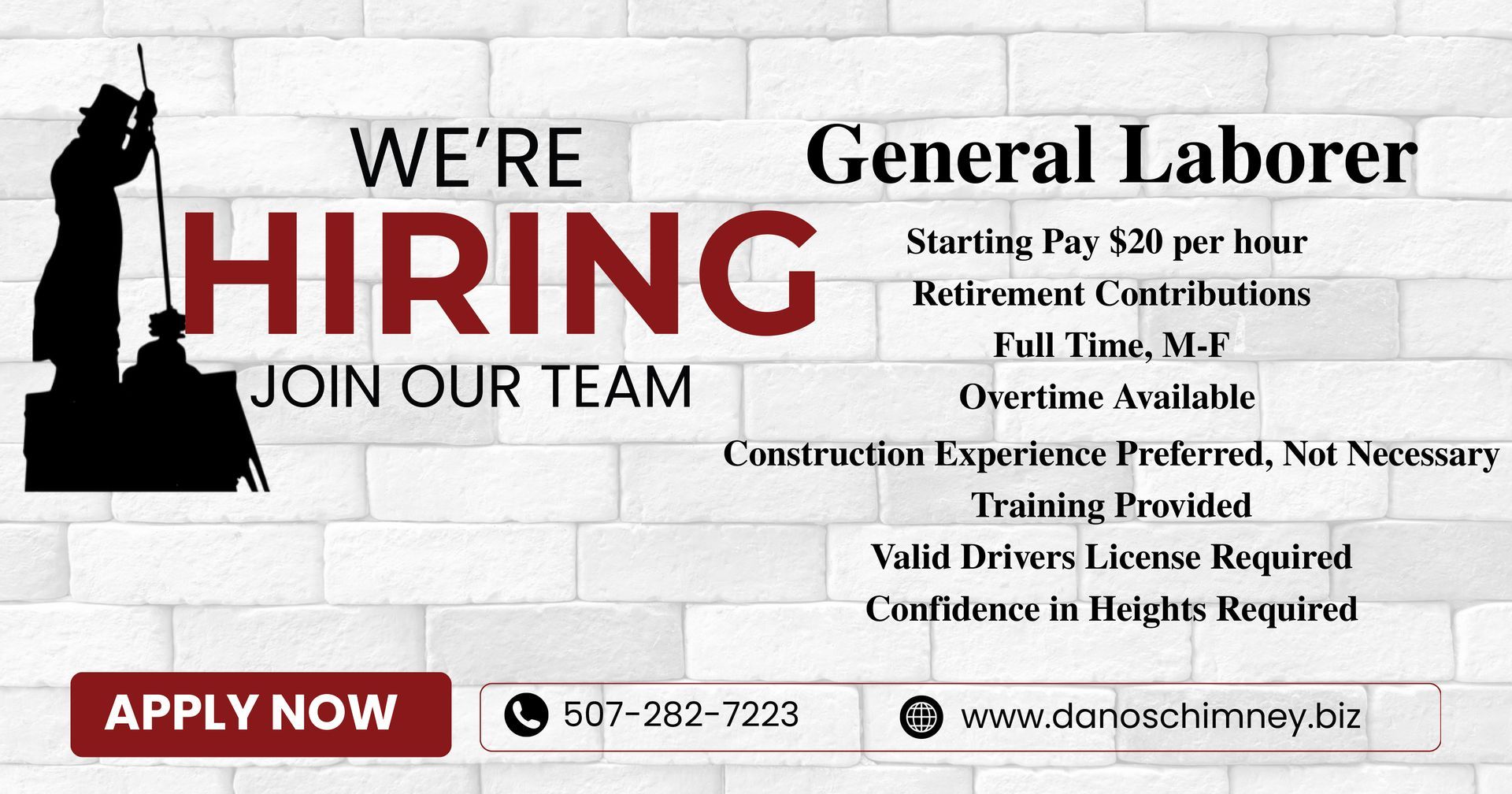 Job advertisement for a General Laborer. Includes job description, contact phone number, and website link.