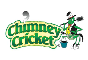 Chimney Cricket logo with a green cricket in a tuxedo cleaning a chimney, green and yellow text.