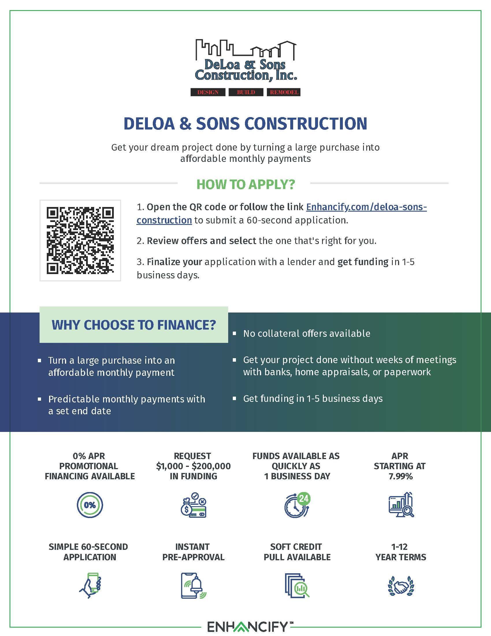 Flyer for Deloa & Sons Construction, Inc., with financing benefits and application instructions.