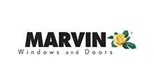Marvin Windows and Doors logo with black text and a yellow rose.