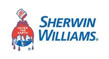 Sherwin-Williams logo: paint can pouring red paint over the Earth; blue text 