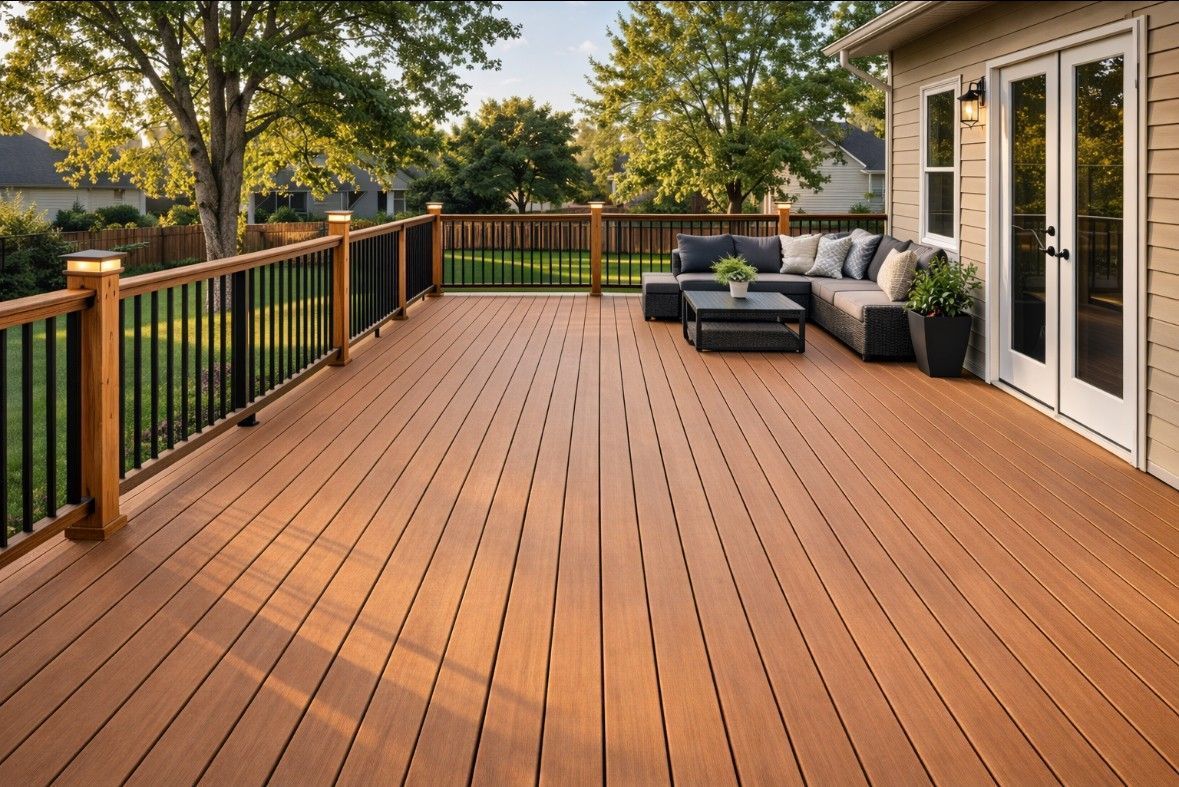 Wooden deck with railing, outdoor sofa, and glass doors overlooking a tree-lined yard at sunset