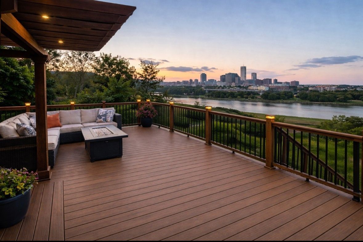 Wooden patio with white seating overlooking a river and city skyline at sunset