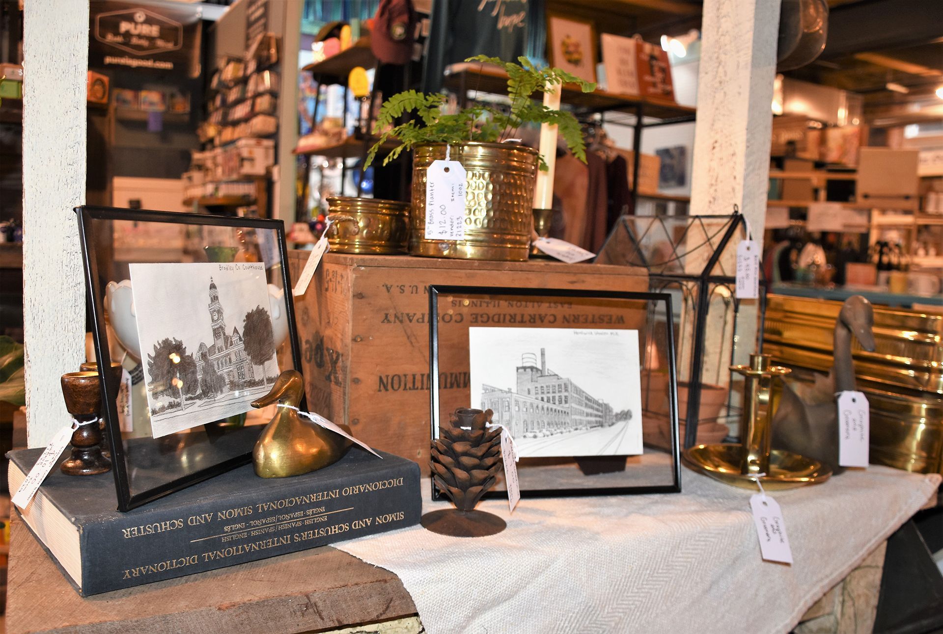 Vintage pictures and vintage brass planter