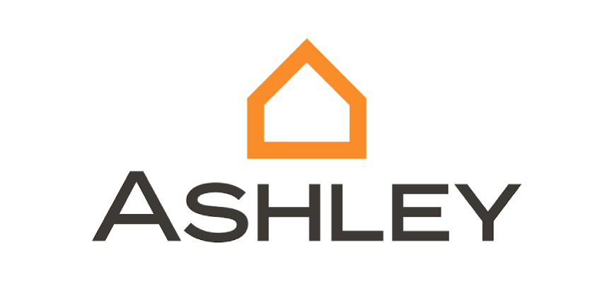 Ashley logo with orange house icon above black text on a white background