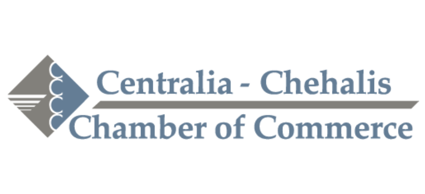 Centralia-Chehalis Chamber of Commerce logo with gray diamond icon and blue text