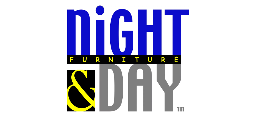 NIGHT FURNITURE & DAY logo in blue, yellow, gray, and black text on a white background