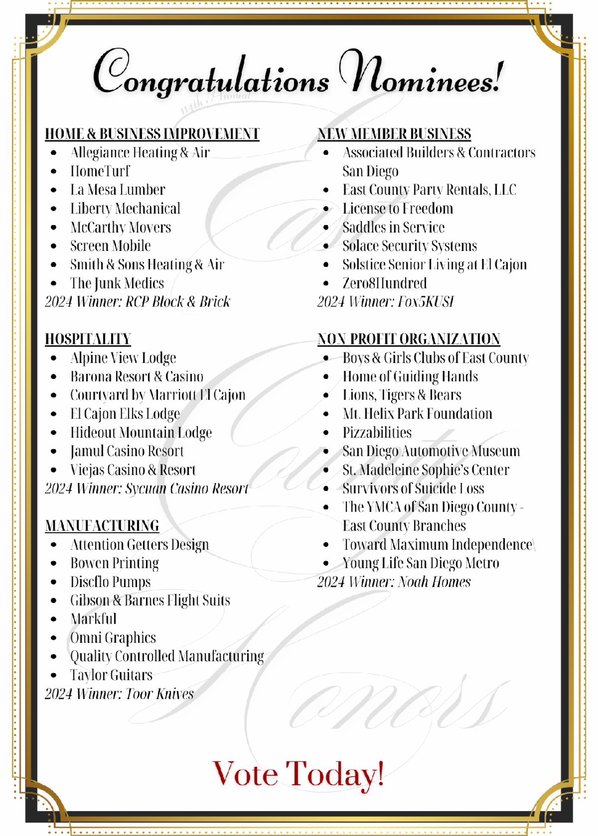 List of award nominees: Education, staff, and more, bordered in gold and black, with Vote Today! at the bottom.