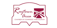 Raytown Area Chamber of Commerce and Tourism logo in burgundy with stylized emblem and text.