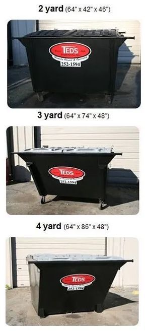 Three black metal dumpster sizes shown in a stacked comparison chart with red logos.