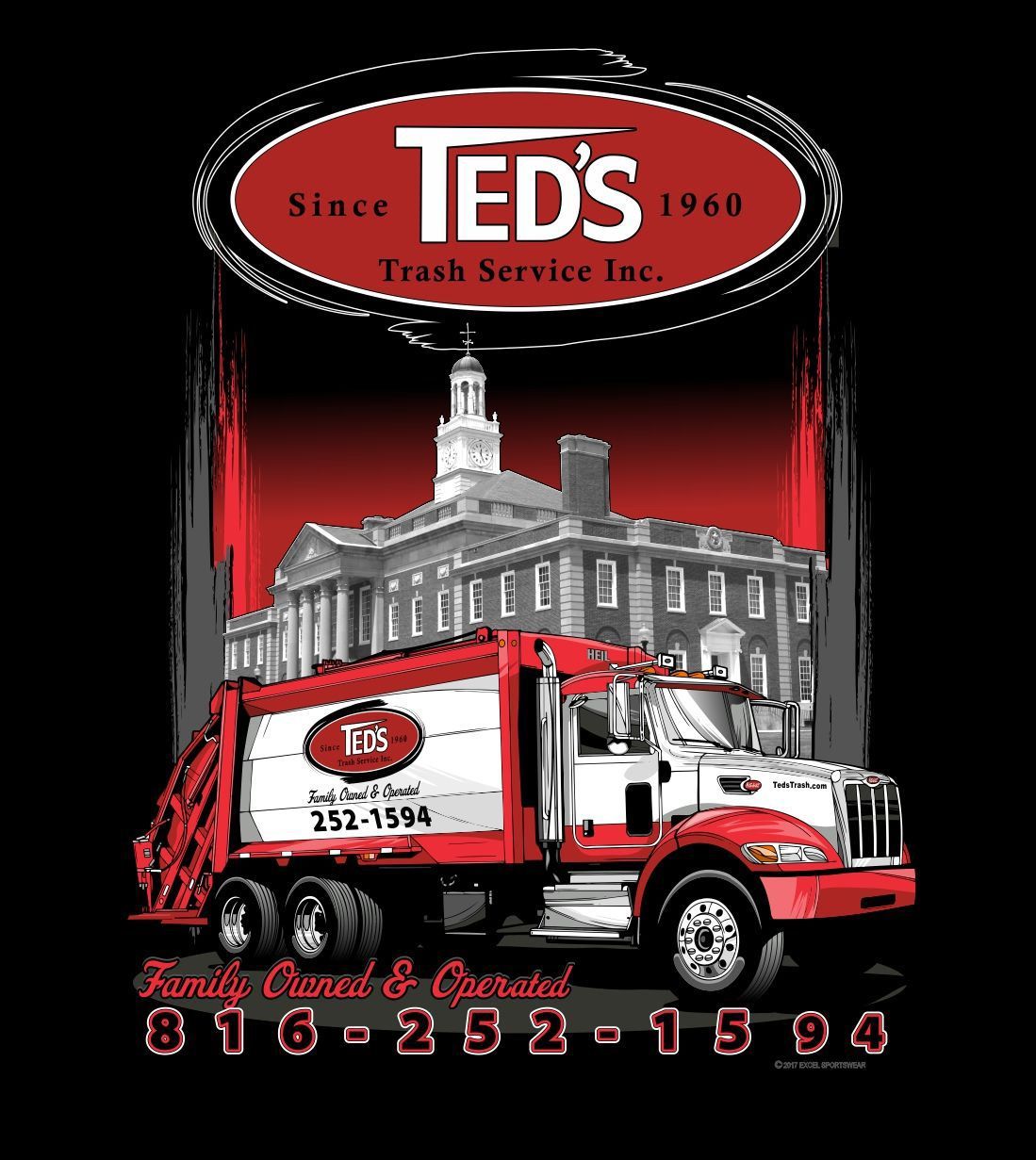 TEDS Trash Service Inc. logo with red garbage truck, civic building, and phone number 816-252-1504