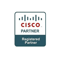 Cisco Partner Registered Partner badge with teal and red logo on white background
