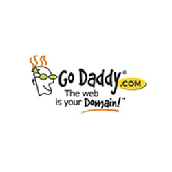GoDaddy.com logo with mascot and slogan “The web is your domain!”