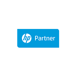 HP Partner logo on a blue rounded rectangle with white text and HP icon
