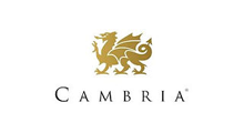 A logo for cambria with a dragon on a white background.