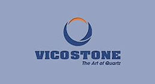 The logo for vicostone the art of quartz is on a blue background.