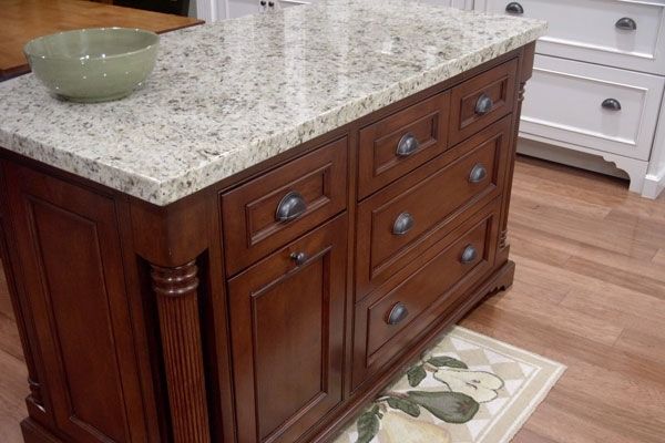 A kitchen island with a bowl on top of it