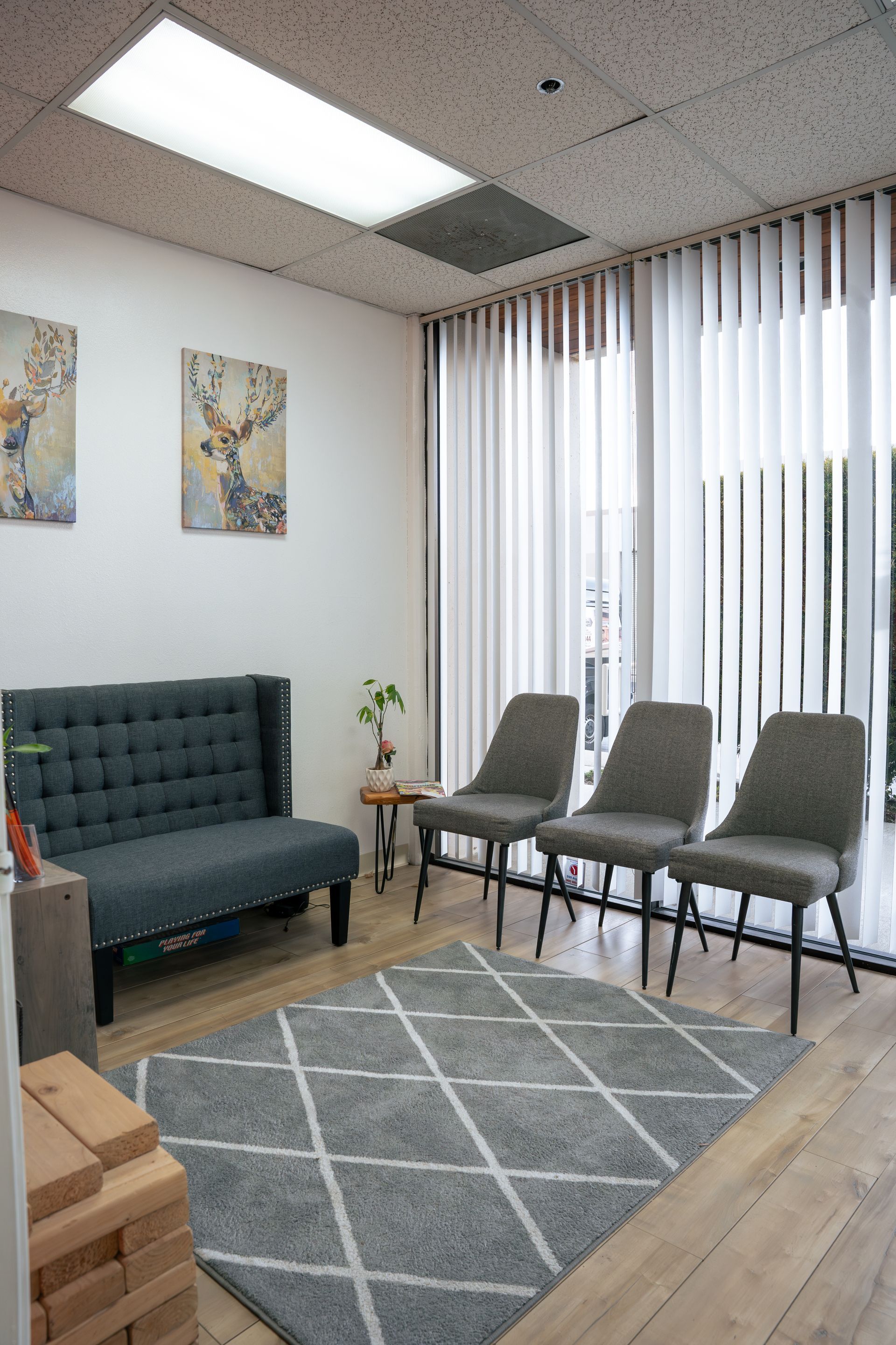 A waiting room with a couch , chairs , and a rug.
