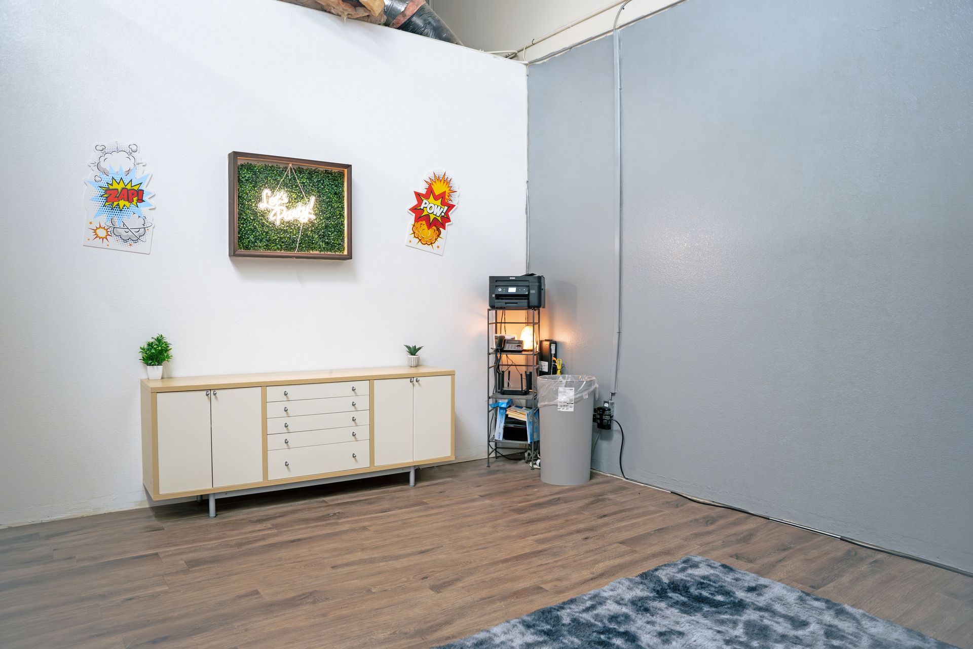 There is a picture on the wall above the dresser in the room.