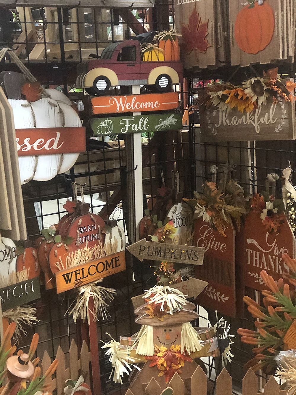 Fall-themed decorations in a store, including signs, pumpkins, and a scarecrow, displayed on shelves.
