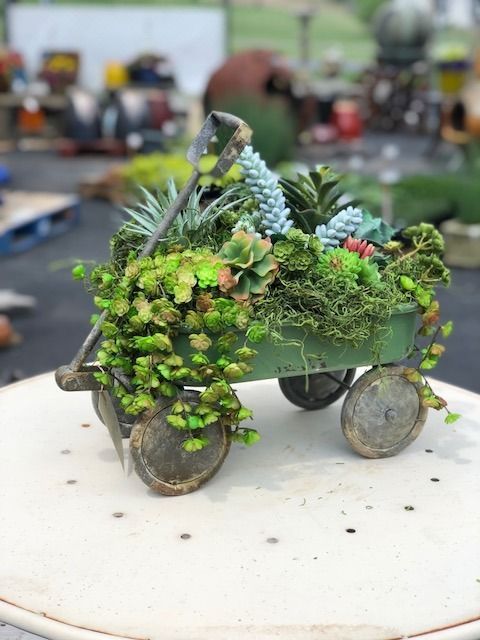 Green toy wagon planter overflowing with succulents and greenery.
