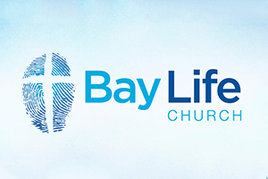 A logo for bay life church with a cross and fingerprint
