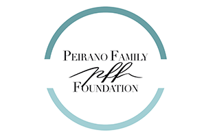 The logo for the peirano family foundation is in a blue circle