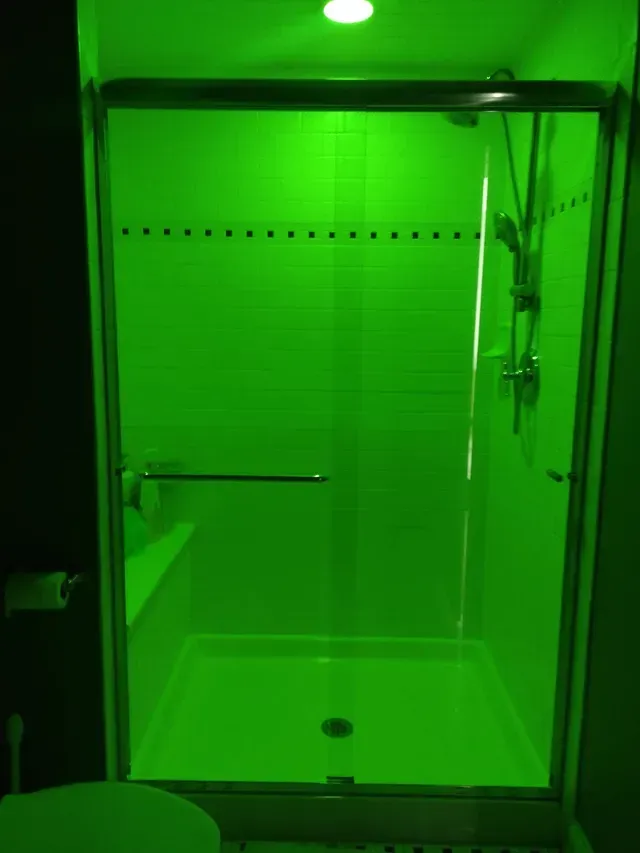 Green-lit shower stall with glass doors, a shower head, and a toilet seat in the foreground.