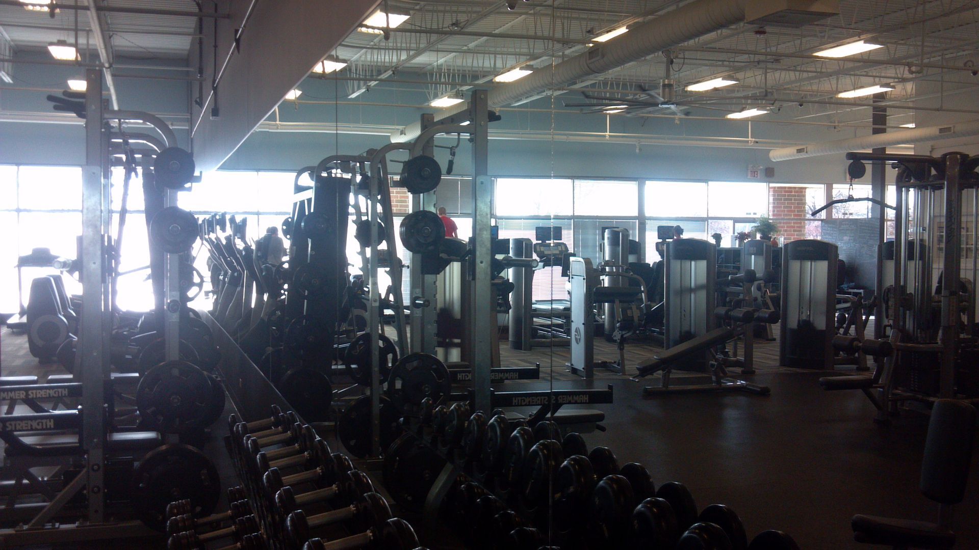A gym interior with weight machines, dumbbells, and windows.