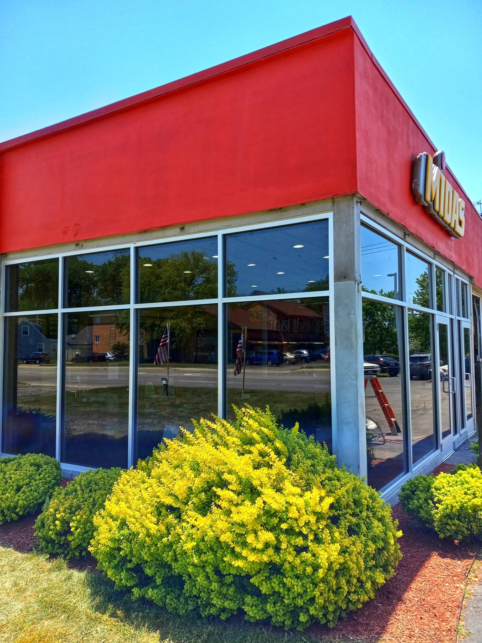 Red-painted building with large windows reflecting the street. Yellow bushes in front, blue sky.