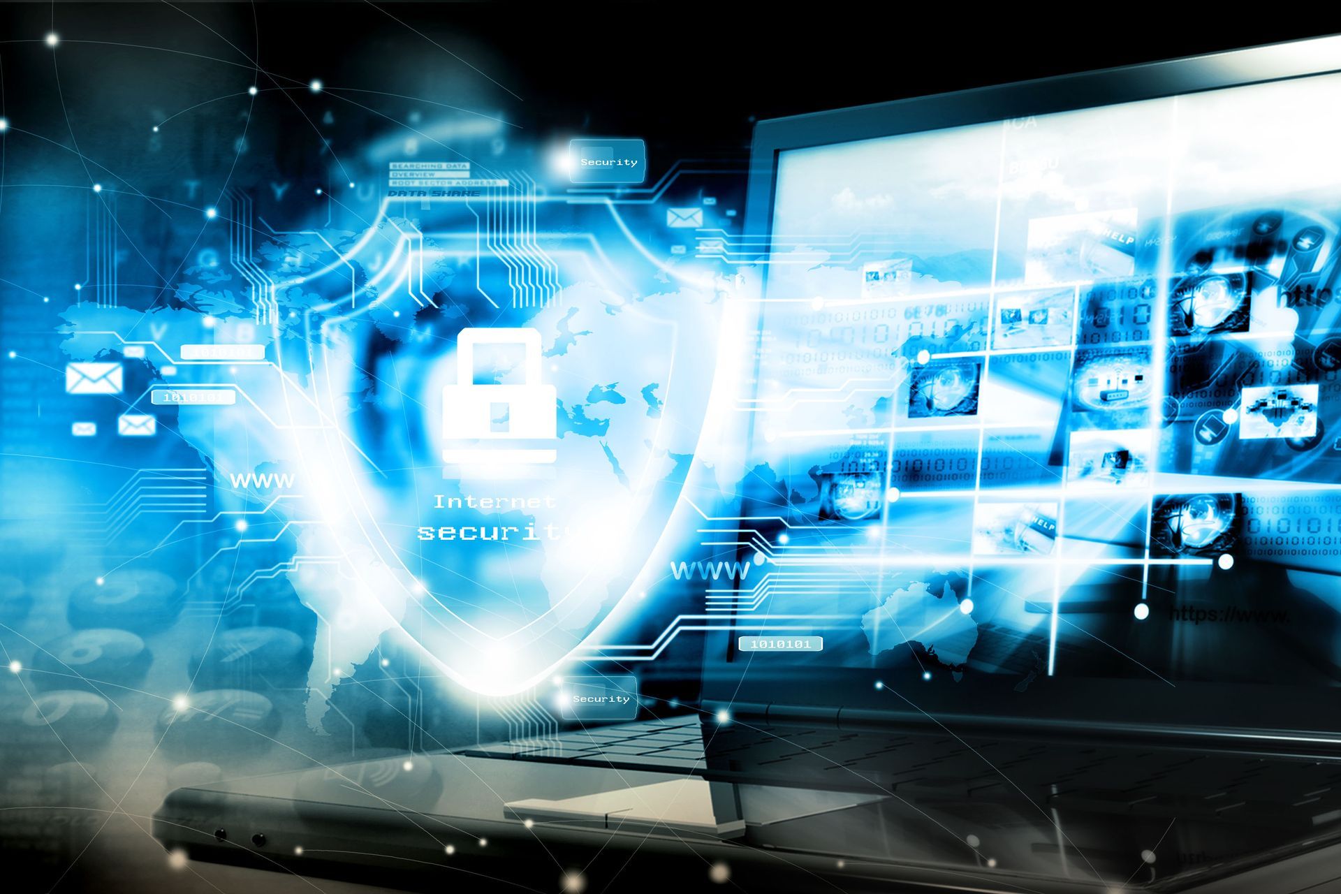 Glowing blue computer with security shield overlay, representing cybersecurity.