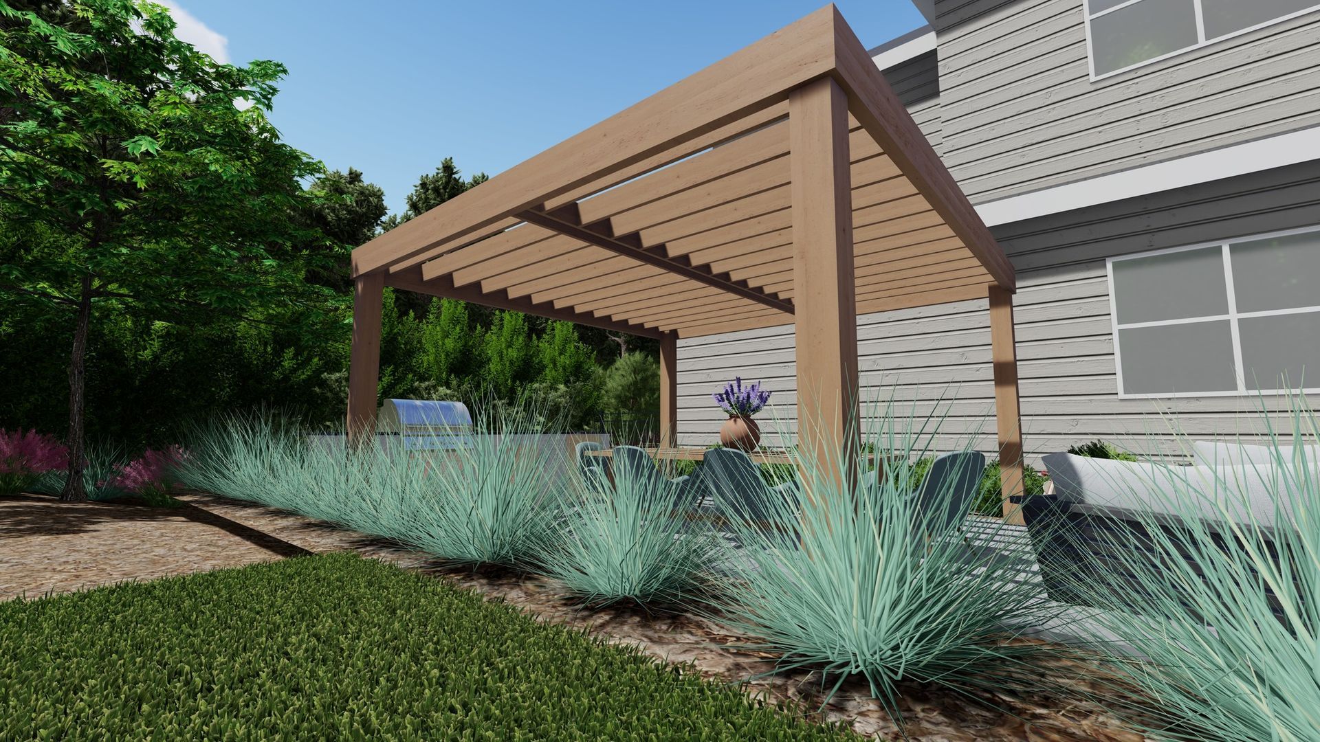 3D render of a pergola over a backyard patio with ornamental grass and house in the background