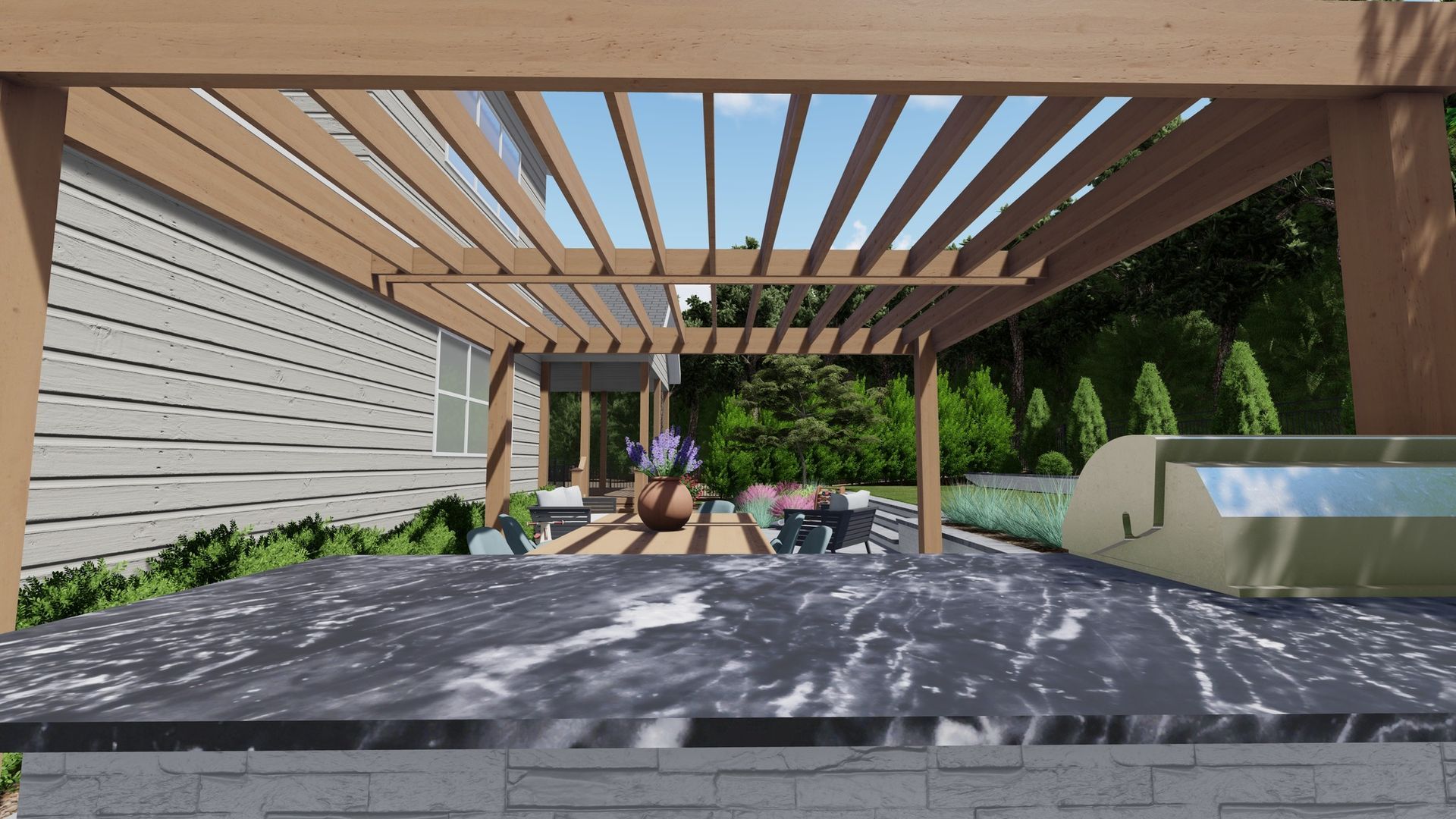 3D render of a pergola over a kitchen with a dark countertop, plants, and a grill