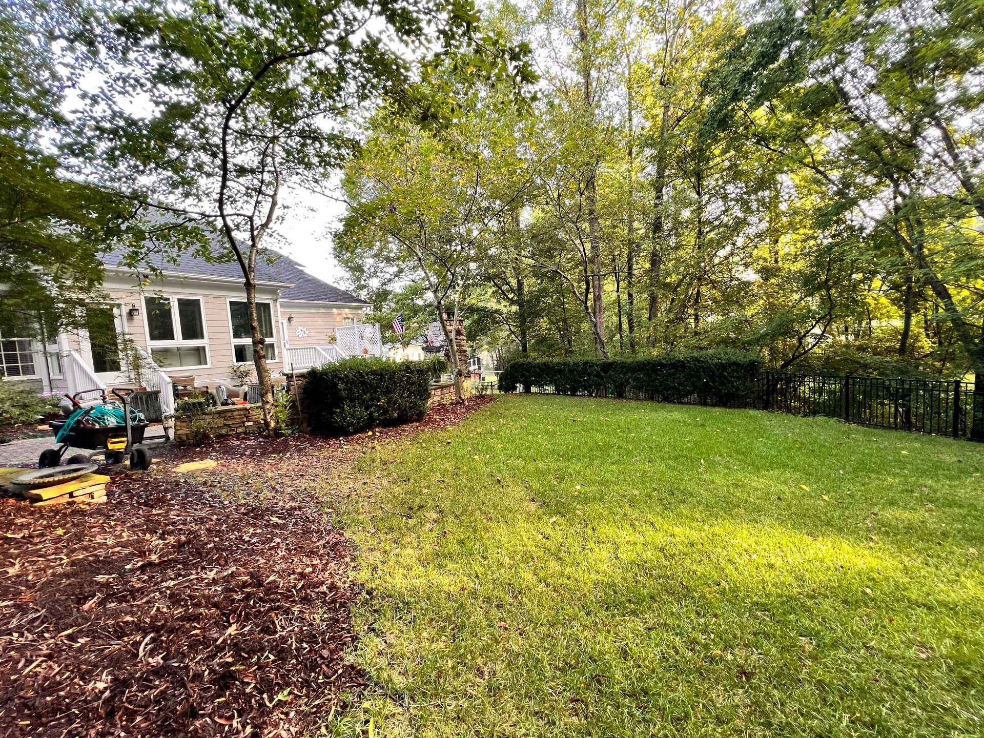 A lawn mower is parked in the backyard of a house